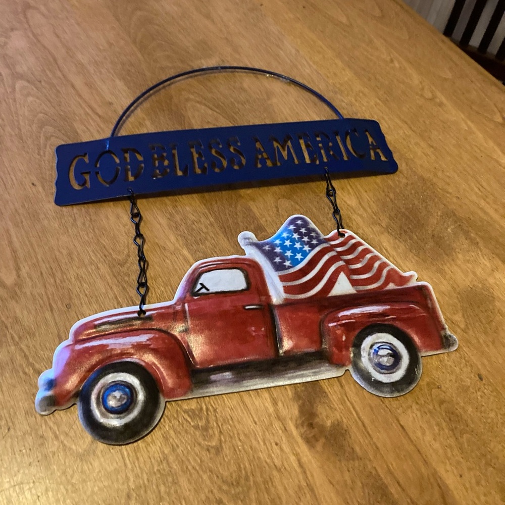 Patriotic red truck metal hanging sign